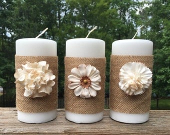 Burlap Candles, Pillar Candles, Decor Candles, White Candles