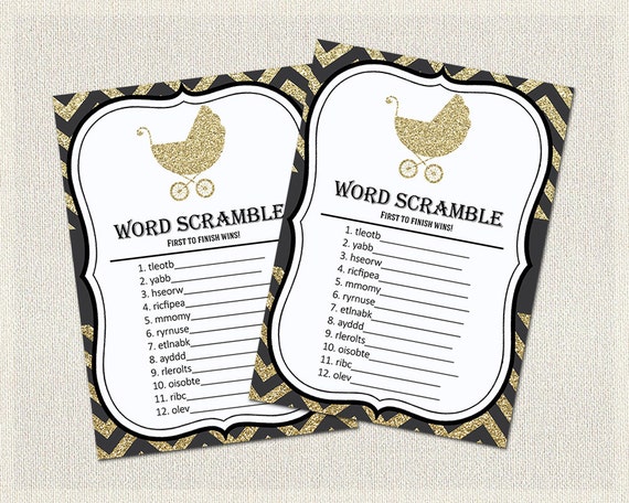 Word Scramble Chevron Baby Shower Games Gold Black | Word Scramble Quiz | Gender Neutral Baby Shower BS-149 Il_570xn