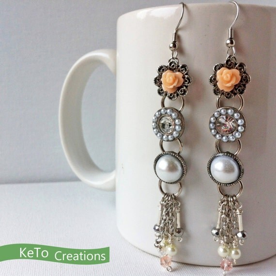 Sweet Peach Rose Earrings with Antique Charms