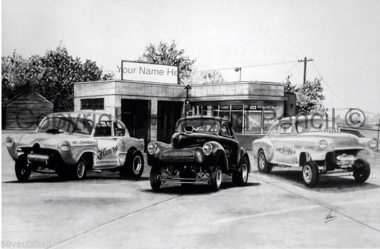 1940 Willys Henry J & Chevy Gasser Customized Pencil Drawing