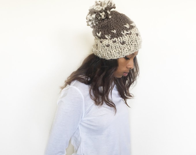 Fair Isle Knit Slouchy Beanie Hat With Large Pompom//THE COAST2COAST//Oatmeal and Taupe