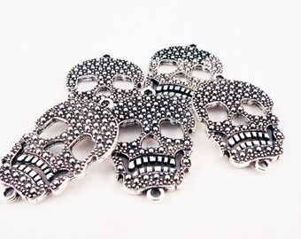 BCN11 - Lot of 2 connectors Tete-de-mort reasons peas Relief money / 2 parts Vintage Antique Silver Metal Skeleton embossed Skull Connectors