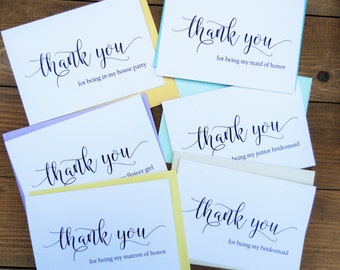 Wedding Party THANK YOU Cards, Bridesmaid Thank You Card, Flower Girl Thank You Card, House Party Cards, Maid of Honor Cards