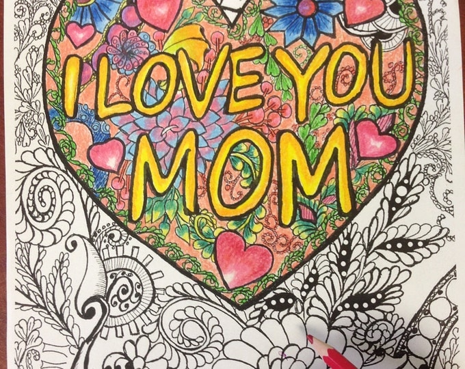 Printable Doodle Adult Coloring Page, PDF Zentangle Coloring Page, Line art, Printable Coloring Page, Download, I love you mom