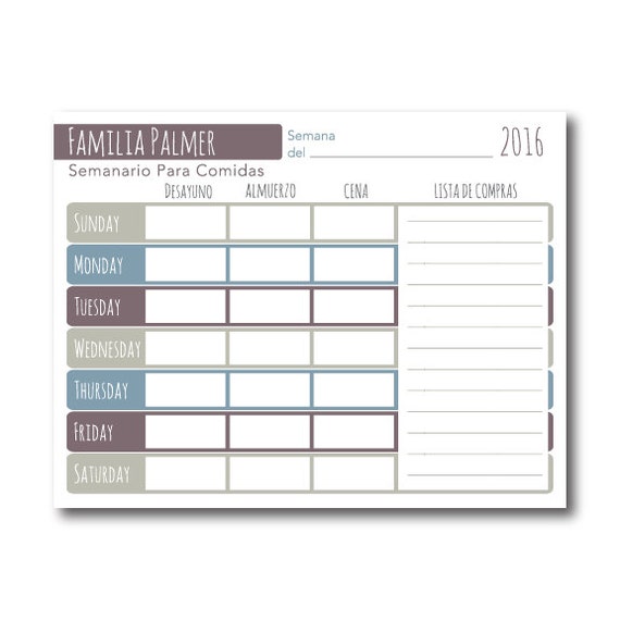 Weekly Meal Planner Printable Spanish Editable PDF