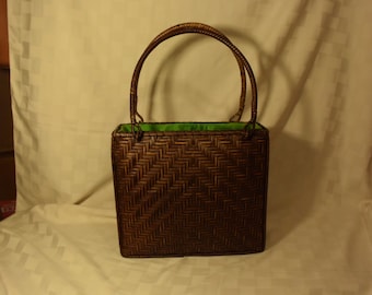 Vintage Basket Weave Women's Rattan Hand Bag Fabric Lined
