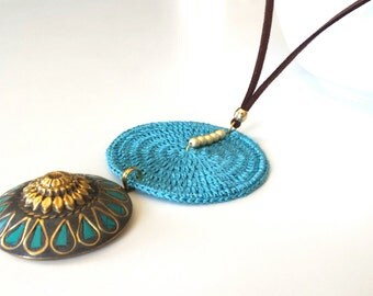Turquoise long necklace with pendant, Ethinic long statement necklace, long boho necklace with hindu pendant, turquoise statement necklace