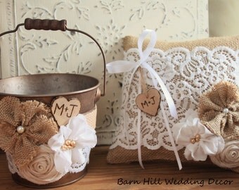 Ring Bearer Pillow, Flower Girl Basket, Rustic Wedding, White Lace, Burlap, Bronze, Rustic