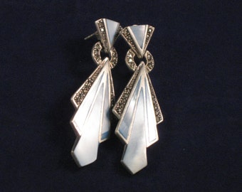 Mother of Pearl, Marcasite and sterling silver earrings