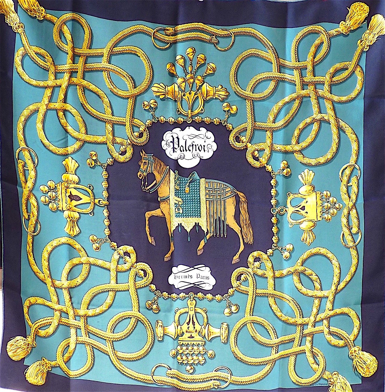 Hermes Vintage Scarf Green Goldtone Black Silk Scarf