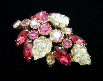 Vintage SIGNED Weiss Pink Rhinestone Brooch, Gold Brooch, Pink Brooch, Antique Brooches, Weiss Jewelry, Mid Century Jewelry, 50s