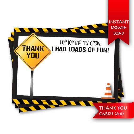 Construction party thank you printable cards Editable to add