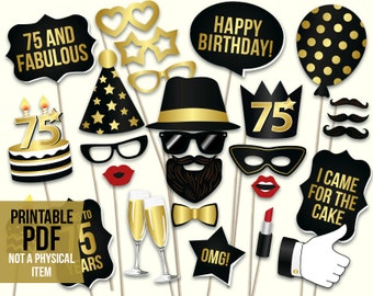 75th birthday photo booth props: printable PDF. Black and gold seventy fifth birthday party supplies. Instant download, digital download