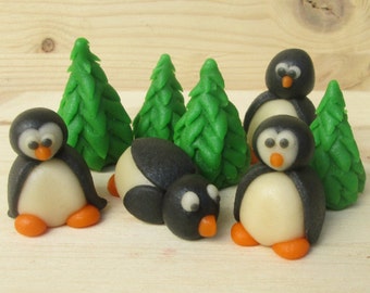 Marzipan Christmas Penguins (4) and Christmas Trees (4) - 3D penguin cake topper - fondant Christmas penguins - Christmas cake decorations
