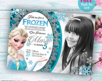 Frozen Invitation and free thank you card, Printable Invites, Elsa Frozen Birthday invite, any age. Princess invitation with photo