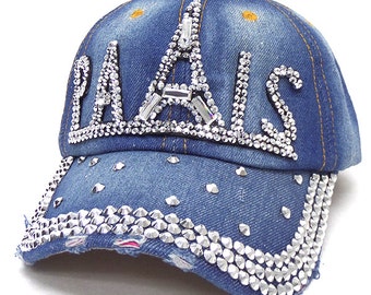 Items similar to womens bling light denim baseball hat full white pearl ...