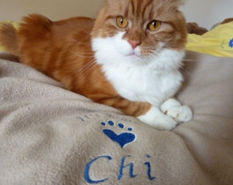 Cat Bed Blanket. Soft Cosy Bespoke Fleece Pet Cat Kitten Blanket Personalised with Pets Name and Paw Print Design. Light Brown Blanket.