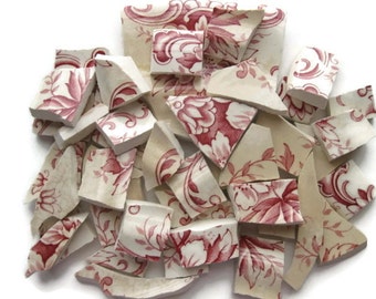 Broken glass- Mosaic tile- red flowers- 60 hand cut pieces- Focal- Vintage #108