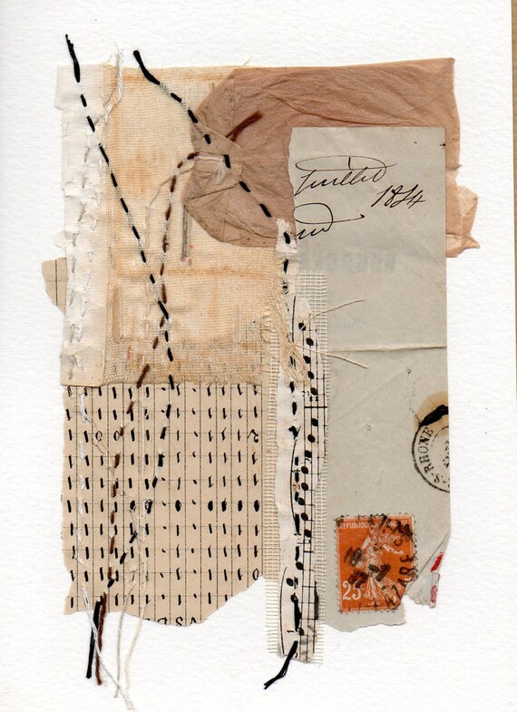 Fabric and paper collage original collage mixed media on