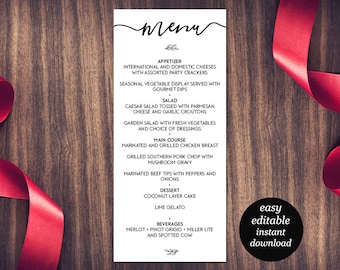 Wedding Menu Printable Template, Dinner Party Printable, Wedding Menu Card, Menu Printable, Rustic Menu, PDF Instant Download, editable