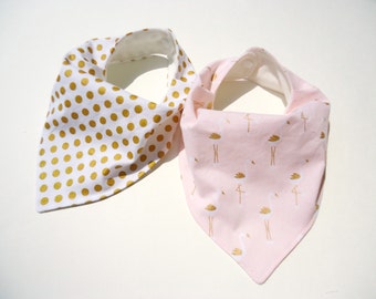 Bandana bib girl- Girl bandana bib- Bamboo Baby girl bib-Golden flamingos baby bib-Gold Polka dot baby bib