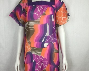 Vtg 70s sheer op art maxi ribbon print psychadelic dress caftan