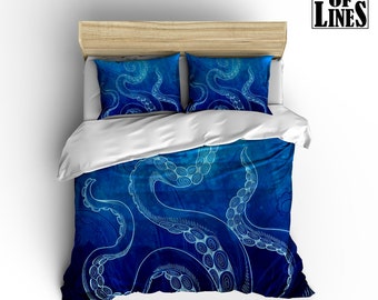 Octopus Bedding Duvet Blue Color Octopus Bedding Watercolor Octopus Comforter Cover Octopus Duvet Modern Comforter Paint Duvet Ocean Bedding
