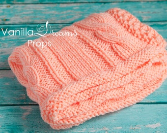 Knit baby blanket. Newborn backdrop. Soft basket stuffer. Cable knit peach throw. Newborn photo prop