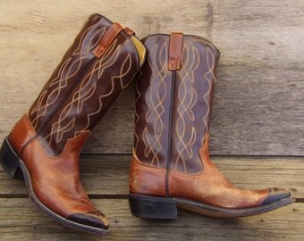 Vintage Acme Two Toned Brown Real Leather Mens Cowboy Boots USA Made Size 8D Western Cowboy Hand Made Vintage Boho