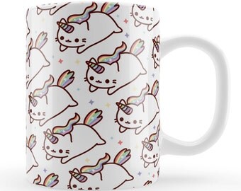 Caticorn Mug, cute cat unicorn gift, unique rainbow kawaii present UK, cute cat character birthday gift, friends present ideas UK