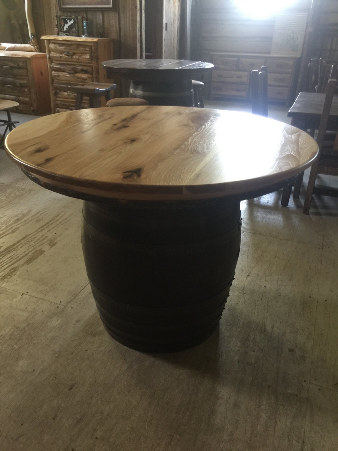 Hickory top wine barrel table by Rusticcreekloglf on Etsy