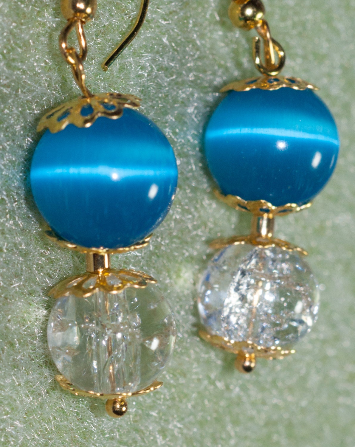 Blue Cats Eye Chrysoberyl and Quartz Dangle Earrings