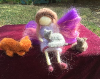 Felted fairy,cat fairy, cat lady, seated fairy, Waldorf doll,needle felt fairy , spiritual,miniature fairy, felted cat, natural materials