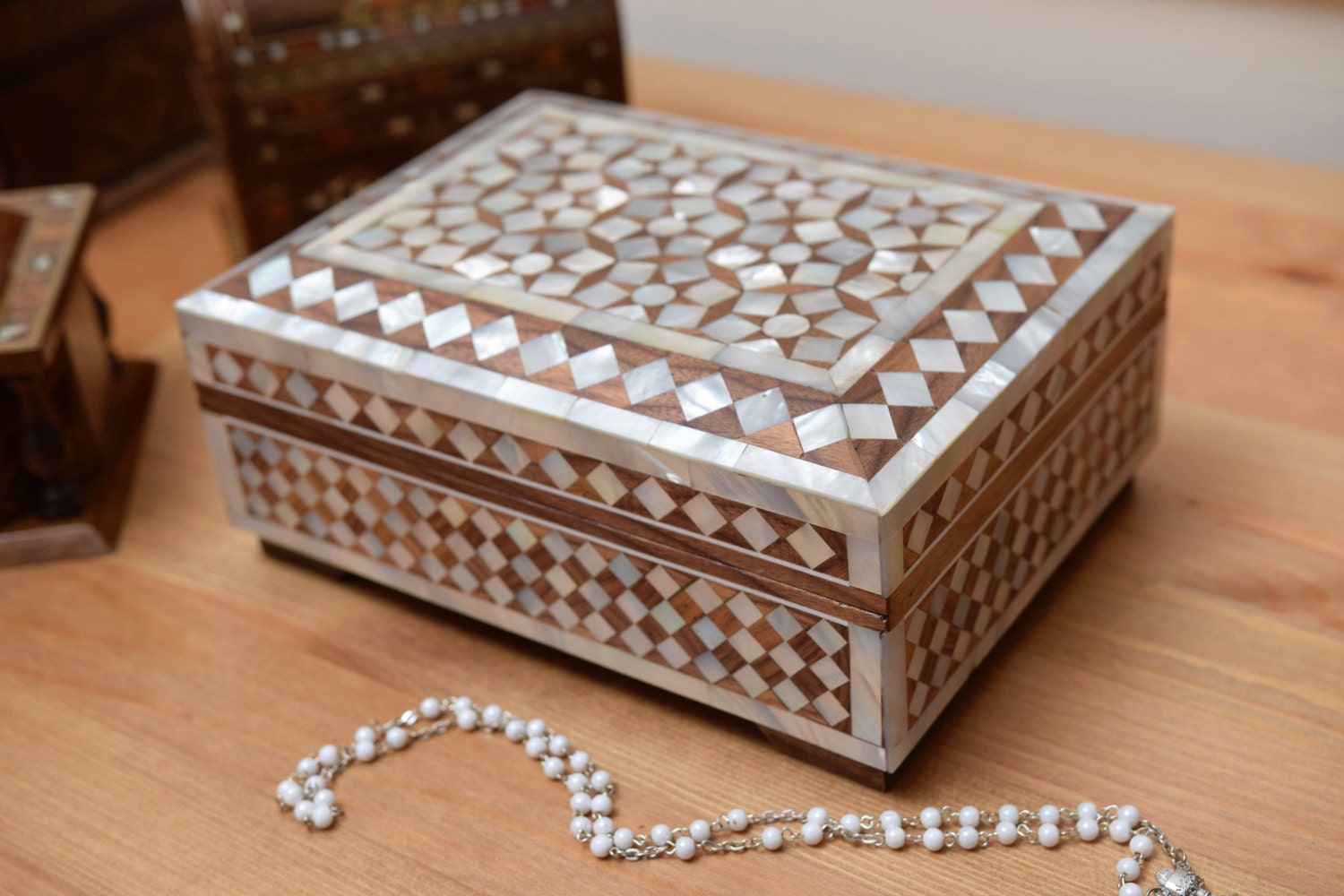 Marquetry Wooden Jewelry Box Inlaid with Mother Of Pearl