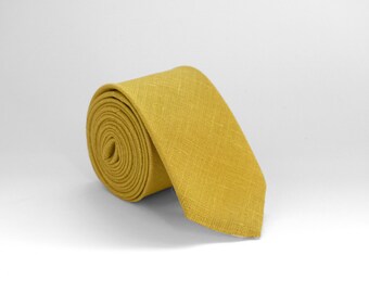 Mustard Yellow Linen Tie, Wedding Tie, Yellow Linen Tie, Mens Tie, Yellow mustard necktie - Wedding Mens Tie Skinny Necktie