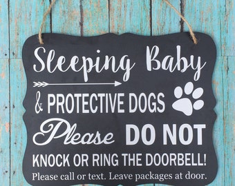 Sleeping Baby & Protective Dog Door Hanger/Sign/ Baby Gift/ Do not Disturb Sign/ No Soliciting Sign/ Do not Knock Sign