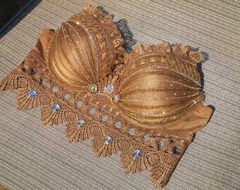 Gold Rave Bra, Golden Goddess Rave Bra, EDC top, dance costume