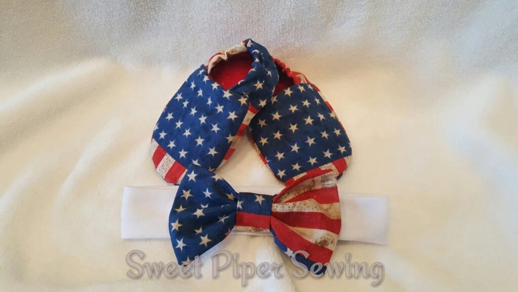 American Flag Baby Bootie and Headband Bow Set