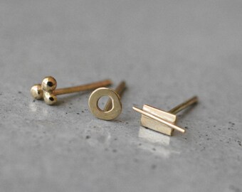 Solid gold stud earrings, mix and match earrings, yellow gold stud earrings, minimalist, 14k gold stud earrings, 14k tiny gold stud earrings