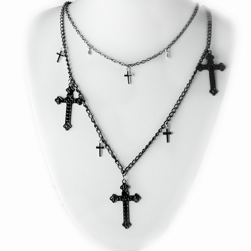 Cross Multi Strand Necklace Collier Gothic by ModestMoonCollection