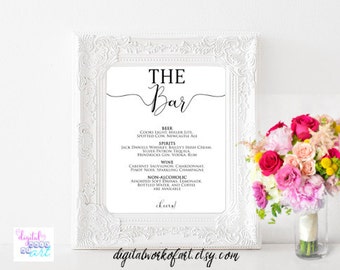 Wedding Bar Menu Template, DIY Wedding Bar, Printable Sign, Drinks Menu, Wedding Menu Sign, The Bar Sign, PDF Instant Download, SALE