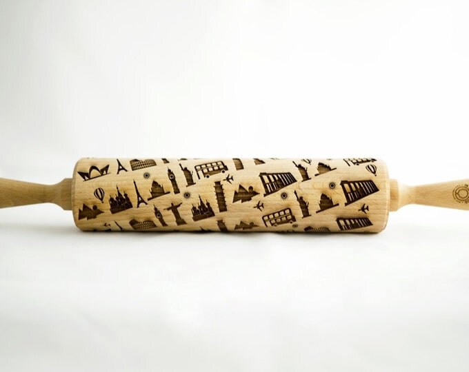TRAVEL rolling pin, embossing rolling pin, engraved rolling pin for a gift, big ben, eiffel tower, sydney, london, paris, egypt, new york