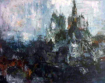 Table, city, abstract cityscape