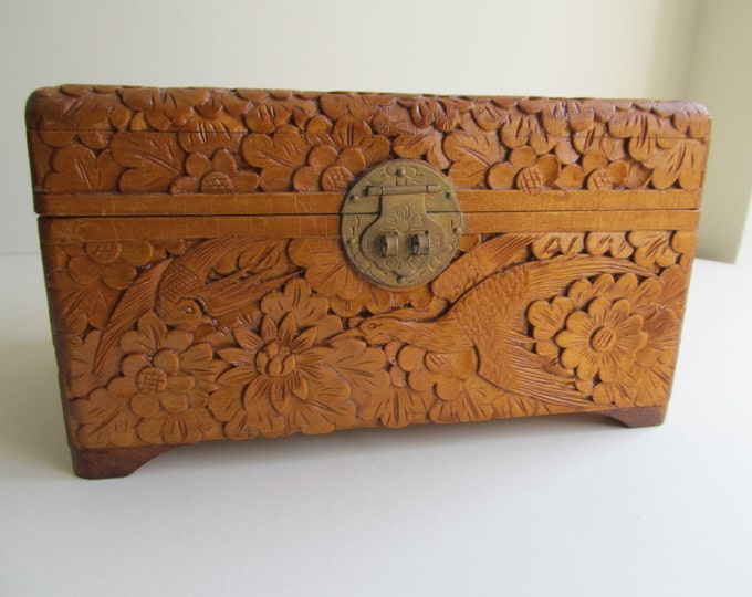 Vintage Chinese wooden jewelry trinket box, carved storage box, medicine cabinet, office desk tidy, card case, home decor