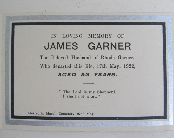 post mortem postcard, vintage In Memoriam card, mourning postcard, 1920's death note for James Garner, momento mori funeral announcement