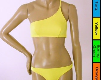 One Shoulder Bikini Top and Full Coverage Bikini Bottom Two Piece Bikini in Yellow. Green, Turquoise or Orange in S-M-L-XL