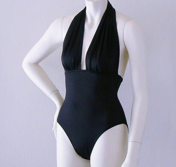 Items similar to Black Retro Marilyn Halter High Leg One Piece Swimsuit ...