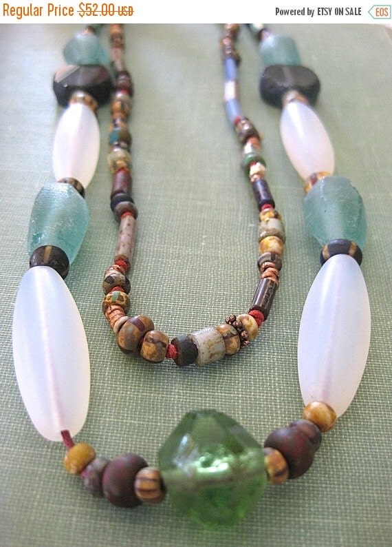 on sale Long Ethnic Necklace Muted Seaglass Recycled African Trade