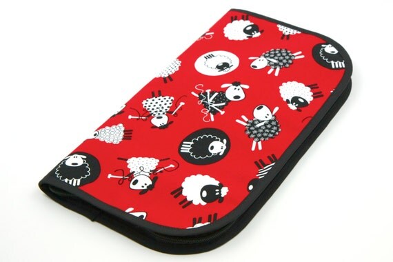 Super Size Zip Around Knitting Needle Case - Red Sheep - black pockets