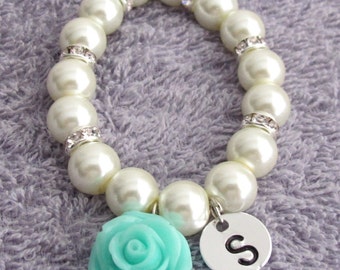 Personalized Flower Girl Bracelet, Mint Green Rose Flower Bracelet, Flower Girl Gift, White Pearls Children's Bracelet, Free Shipping In USA